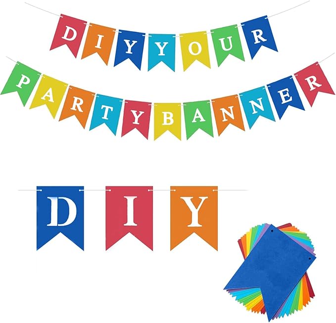 24pcs Blank Rainbow Banner Kit, DIY Text/Phrase Banner, Paper Pennant Banner Set, Customizable Banner for Birthday, Wedding and Bachelor Party, Anniversary Decorations Party Decorations