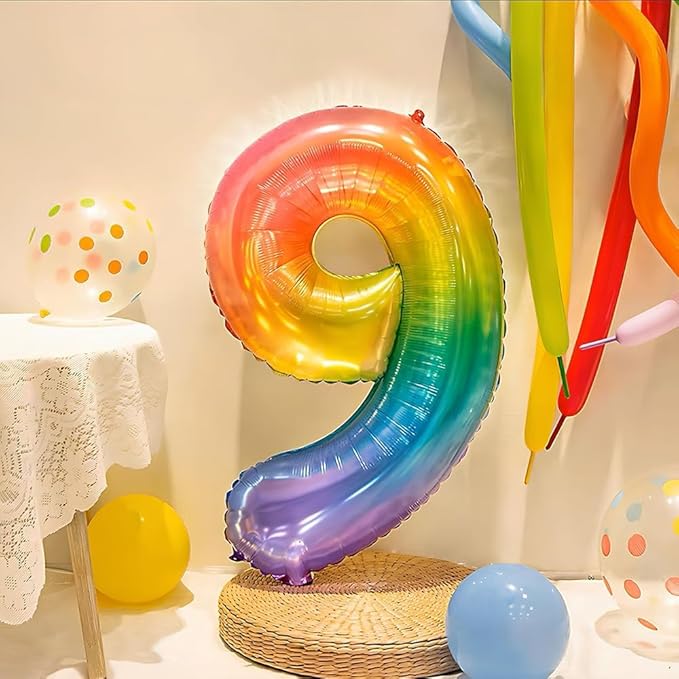 Rainbow Number 9 Balloon 40 Inch Rainbow 9 Balloon Giant Helium Foil Number 0 to 9 Balloons Birthday Wedding Party Digital Decorations Number 9