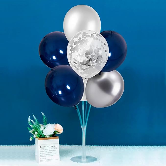 4 Set Balloon Stand with Silver Navy Blue Balloons Centerpiece Table Decorations for Birthday Wedding Anniversary Retirement New Years Graduation Decorations Class of 2026