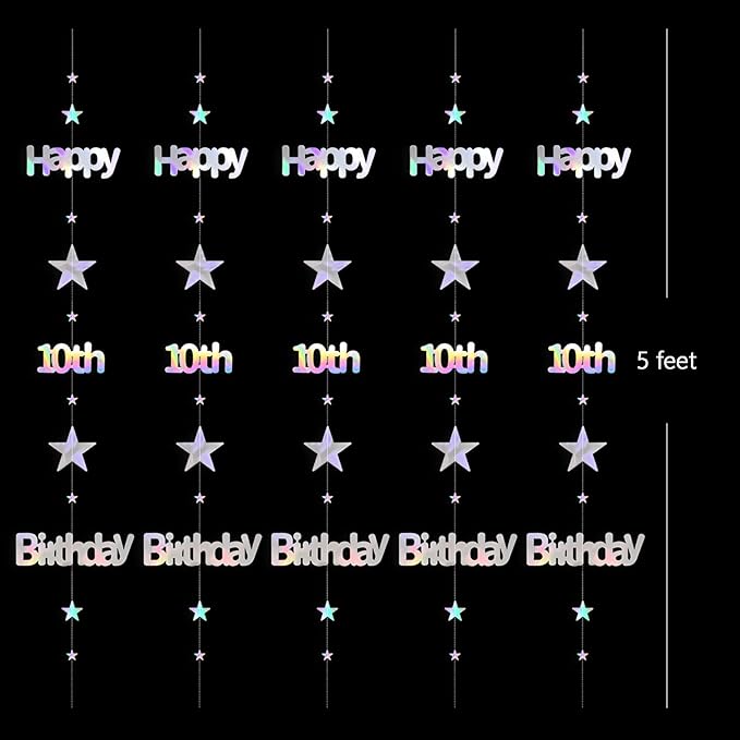 Iridescent 10th Birthday Decorations for Girls Boys Metallic Twinkle Stars Garland Hanging Streamers Double Digits Bunting Banner Party Backdrop Decor Suppliess