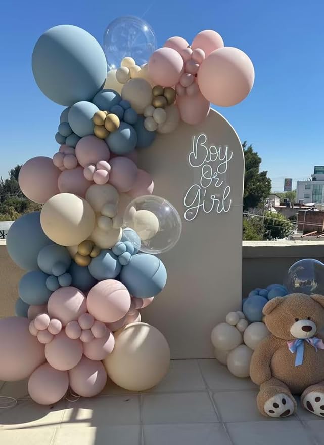 Gender Reveal Balloons Garland Arch Kit 154Pcs - 5 10 12 18 inch Different Size Pink Blue Sand White Balloon for Gender Reveal Boho Bachelorette Birthday Wedding Neutral Theme Decoration