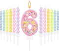 MTLEE Number 6 Birthday Candle with 12 Pcs Spiral Candles for Girls Macaron Pastel Rainbow Unicorn Pink Cake Topper for Sweet Theme Party Decoration