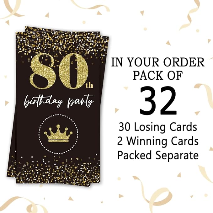 REWIDPARTY Black Gold 80th Birthday Party Scratch Off Game Cards (32 PCS) Cheers to 80 Years Prize Raffle Tickets Happy 80th Birthday Party Scratch Cards Supplies Activity for Family Friends Adults