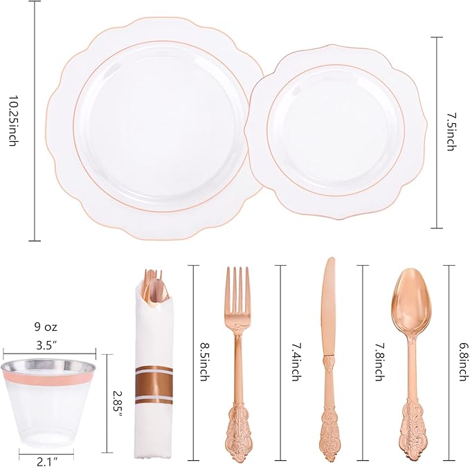 NOCCUR 350PCS Rose Gold Plastic Plates - Clear Rose Gold Disposable Dinnerware Set - Include 100 Dinner/Dessert Plates,50 Cups,50 Pre Rolled Napkins with Cutlery Set - Ideal for Party/Easter Day