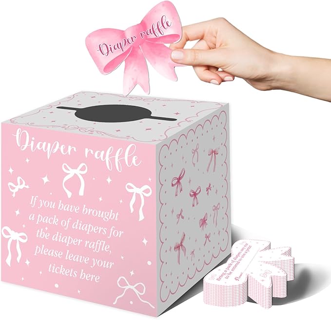 Pink Bow Baby Shower Decorations, Diaper Raffle Box for Baby Shower with 50PCS Cards Kids' Party Banners Game for Girl, Pink Bow Baby Shower Decorations Baby Shower Raffle Tickets