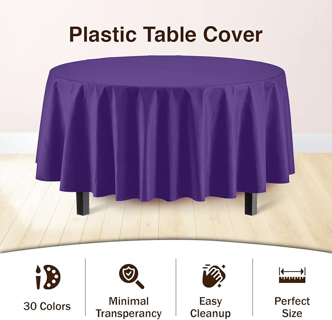 Exquisite Party Solids 6-Pack Premium Plastic Tablecloth 84in. Round Plastic Table Cover - Purple
