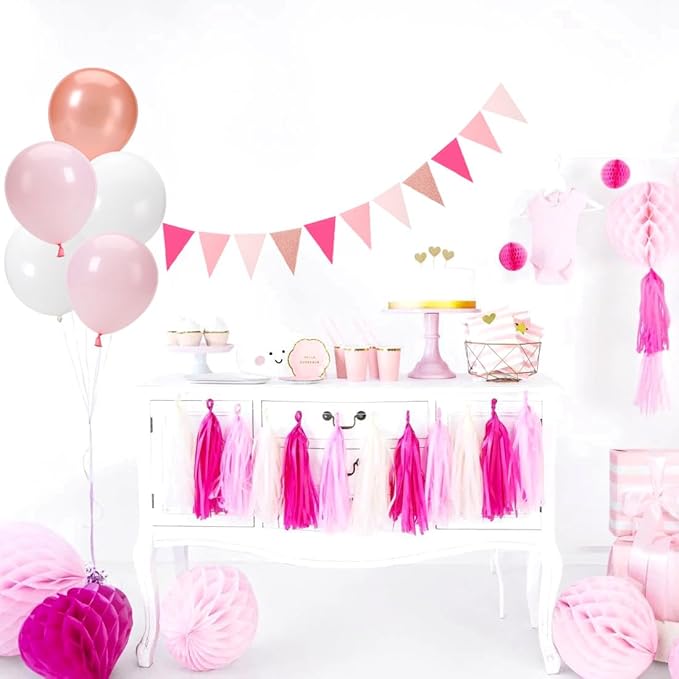 Hot-Pink Rose-Gold Party Decorations Banner - 2pcs Wedding Bridal Shower Hanging Paper Pennant Flags Streamers,Baby Girl Birthday Bachelorette Engagement Mohters Decor Lasting Surprise