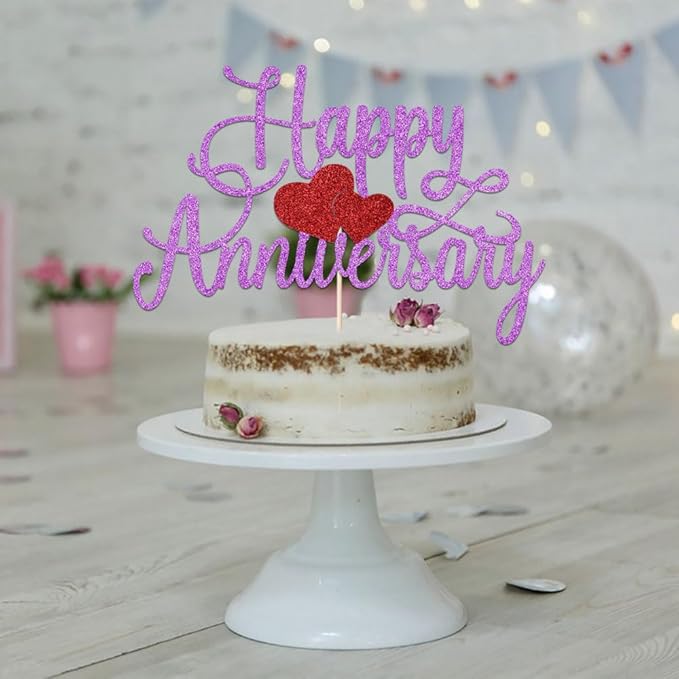 Happy Anniversary Cake Topper - Company Anniversary,Wedding Wedding Anniversary,Birthday Party Selected Decoration Supplies(Purple Red Glitter)