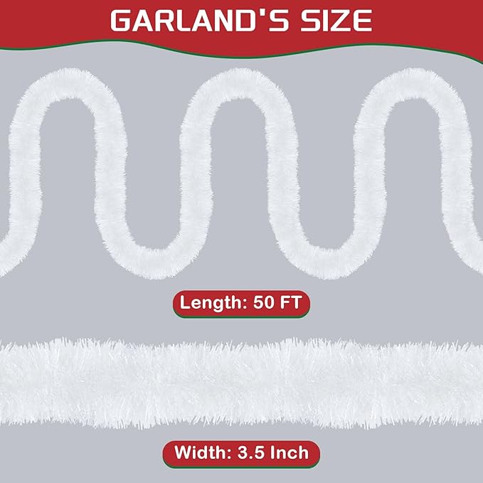 50 Ft White Christmas Tinsel Garland, Thick Thin Metallic Twist Shiny Hanging Garland Ornaments Metallic Streamers for Xmas Tree Indoor Decor
