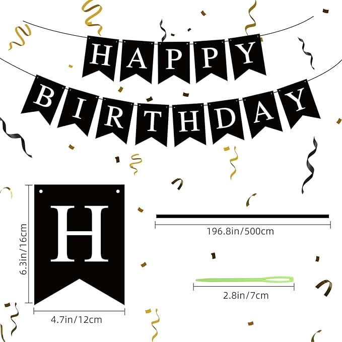 Black Happy Birthday Banner Sign Happy Birthday Bunting Banner Garland for Kids Girl Woman Birthday Tea Party Decorations Bunting Flag Birthday Party Supplies