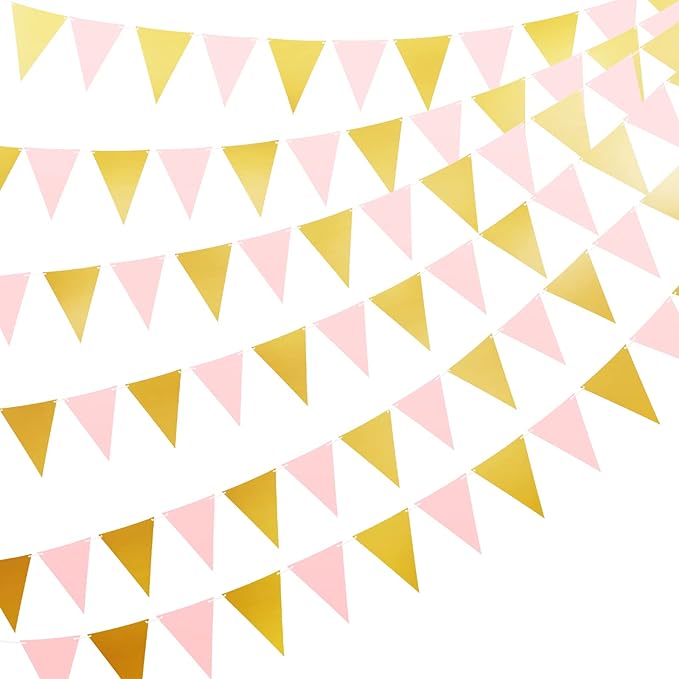 Irenare 4 Pieces Happy Birthday Banner Colorful Birthday Party Decor Rainbow Felt Garland Banner Rainbow Party Decorations Supplies(Pink, Gold)