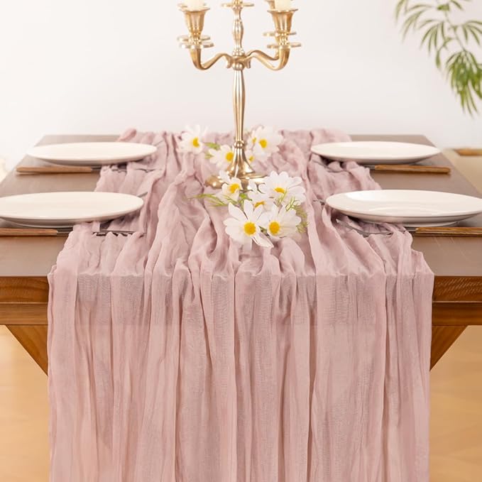 Socomi 6pcs Pink Cheesecloth Table Runner Easter Spring Boho Rustic Gauze Dusty Pink Farmhouse 120 inch 10FT Cheese Cloth Runner for Wedding Party Baby Shower Birthday Home Decor