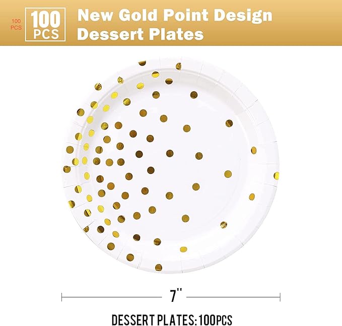 White and Gold Paper Plates 100PCS,7inch Gold Dots Dessert Plates,Disposable Party Supplies for Birthday,Wedding,Bridal Showers,Christmas,Anniversaries,All Occasions