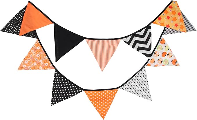 Halloween Pennant Banner, 1 Pack 12 Flags Vintage Halloween Banner Decor Fabric Bunting Flags Orange Garland Fall Decor