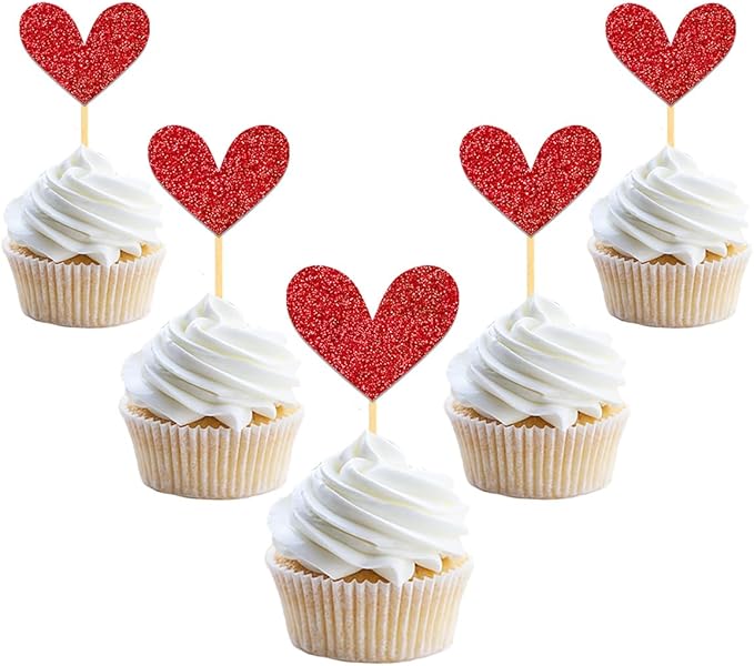 24Pcs Glitter Red Heart Cupcake Toppers for Valentine's Day Decorations, Mixed Size Double-Sided Heart Valentine's Day Cupcake Toppers for Wedding Bridal Shower Party Decorations (Red)