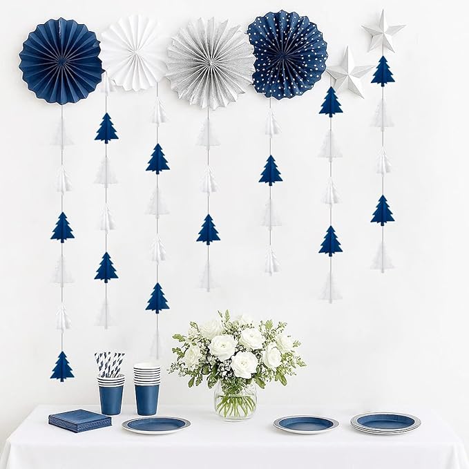 Navy-Blue White Silver Christmas Decorations - 2Pcs 3D Christmas Tree Paper Streamers Party Banner Garland Hanging Decor HongTongTong