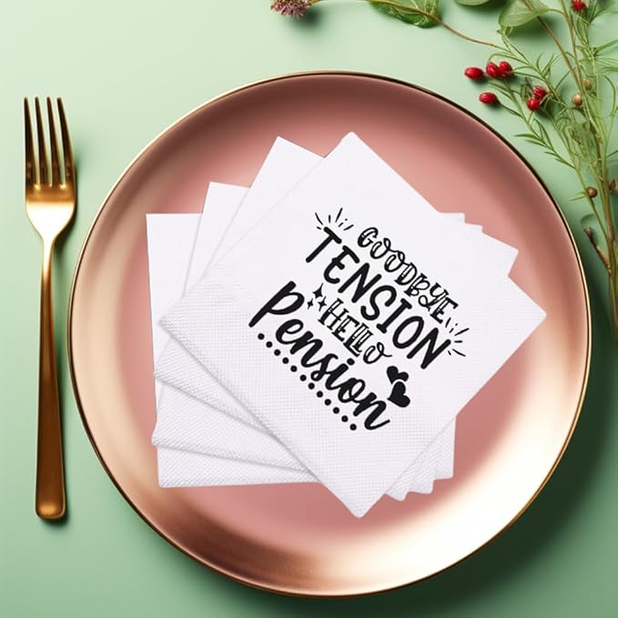 Retirement Cocktail Napkins Party Napkins Beverage Napkins Bar Napkins Disposable Paper Novelty Humorous Gag Gift 100Pcs 4.5 x 4.5 13-ply (Goodby Tension Hello Pension)