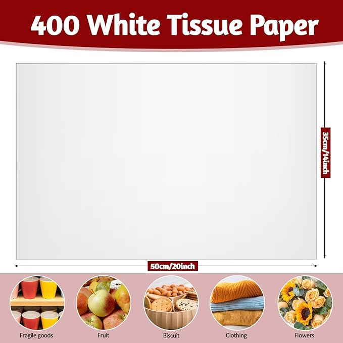 RYKOMO 400 Sheets White Tissue Paper for Gift Bags 14 x 20 Inches Acid Free Tissue Paper for Storage, Packaging, New Year, Festival Mother's Day, Wedding, Birthday and Flower Decoration