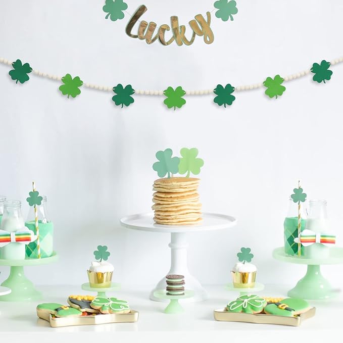 DAZONGE St. Patrick's Day Decorations, Wood Bead Shamrock Garland for St. Patrick's Day Decor, Lucky Felt Shamrock Garland for Mantel Wall Decor