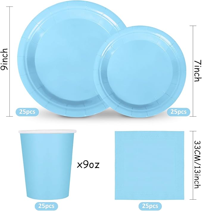 Whaline 100Pcs Light Blue Tableware Set Blue Graudation Party Supplies Summer Disposable Dinnerware Set 50Pcs Paper Plates 25Pcs Napkin 25Pcs Cups for Wedding Birthday Bride Shower Party Table Decor