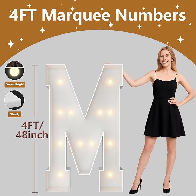 4FT Marquee Light Up Letters, Large Marquee Letters, Pre-cut Foam Board Letter M for Engagement Wedding Decorations Birthday Party Backdrop Decor, Balloon Arch Kit