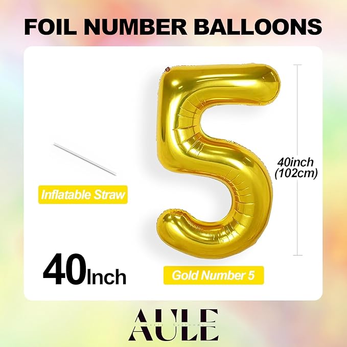 AULE 40 Inch Big Gold 5 Balloon Number Large Foil Helium Number Balloons 0-9 Jumbo Giant Happy 5th Birthday Party Decorations for Boy or Girl Huge Mylar Anniversary Party Supplies