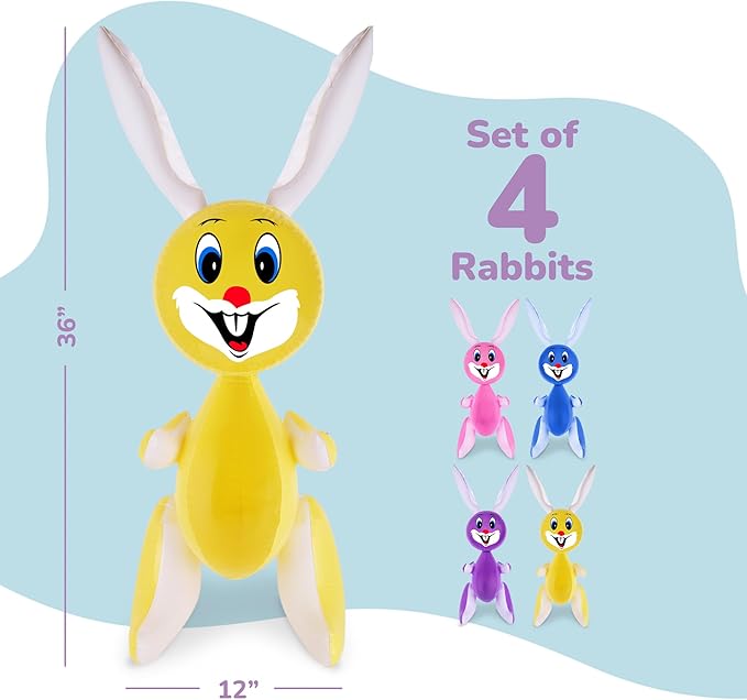 ArtCreativity 36" Inflatable Easter Bunny, Set of 4. Blow Up Easter Bunny for Indoor and Outdoor Party Decorations, Bunny Themed Birthday Party Favors, 4 Assorted Colors