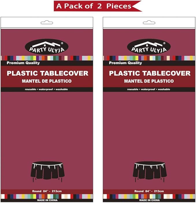 Burgundy Plastic Tablecloths 2 Pack Maroon Disposable Table Covers 84 Inch Circle Bridal Shower Party Tablecovers PEVA Wine Red Table Cloths for Picnic Birthday Wedding Parties 6 ft Round Table Use