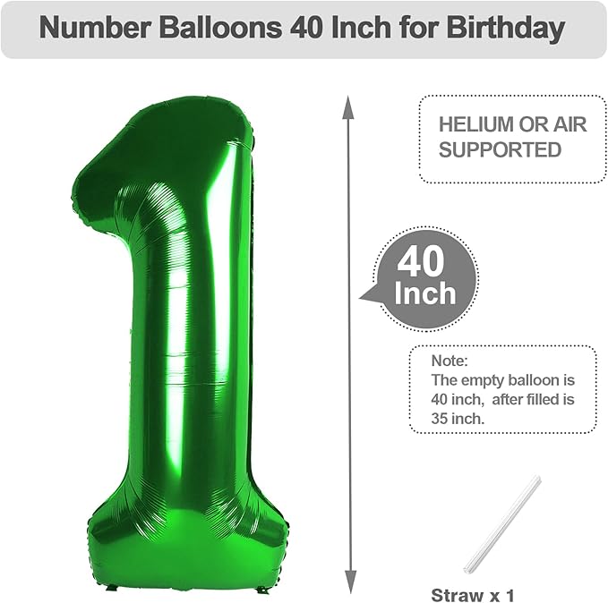 Number One Balloons 40 Inch, Dark Green Balloon for Birthday Party Decoration, Large Number Ballons for 1, 10, 11, 15, 17, 21, 100 Celebration, Boy and Girl Birthday, Baby Shower, Anniversary Decor