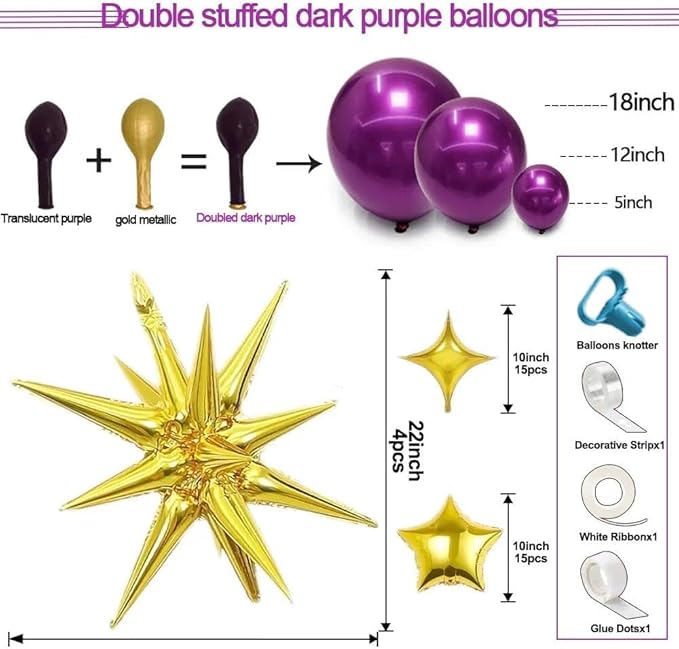 Dark Purple Balloon Arch Double Stuffed Latex Metallic Purple Explosion Star Balloon Garland Different Sizes Dark Lavender Balloons for Birthday Baby Shower Graduation Prom Bachelorette Party Decor