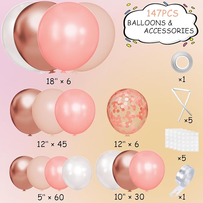 147PCS Rose Gold Balloon Garland Arch Kit, Pearl Rose Gold Metallic White Nude Balloons with Confetti for Wedding Bridal Shower Princess Party Girl Birthday Baby Shower Decorations
