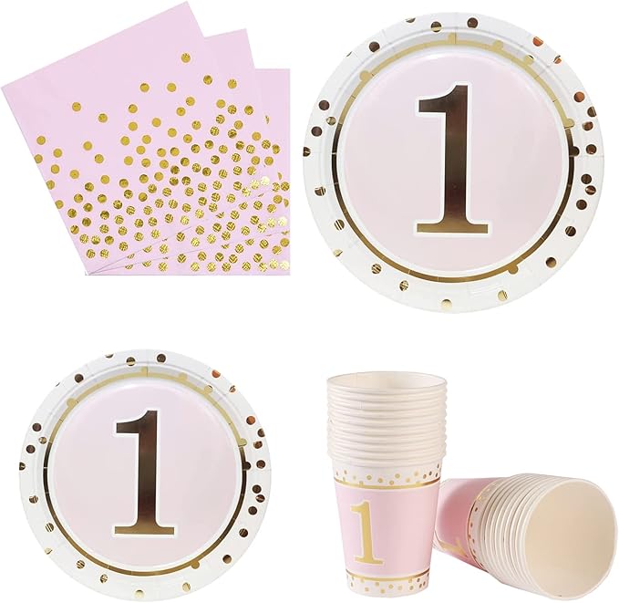 MaitianGuyou 100 Pcs 1st Party Supplies Kit, Birthday Party Plates Set - 9 & 7 Inch Paper Plates & Cups Straws for Parties, Holiday, Christmas, Baby Shower Decorations