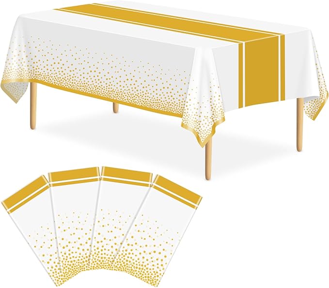 4 Pack White and Gold Tablecloth Party Decorations Plastic White Tablecloth Printed Gold Table Runner 54 x108 Inch Disposable Rectangle Table Cover for Birthday Wedding Graduation Anniversary