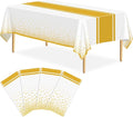 4 Pack White and Gold Tablecloth Party Decorations Plastic White Tablecloth Printed Gold Table Runner 54 x108 Inch Disposable Rectangle Table Cover for Birthday Wedding Graduation Anniversary