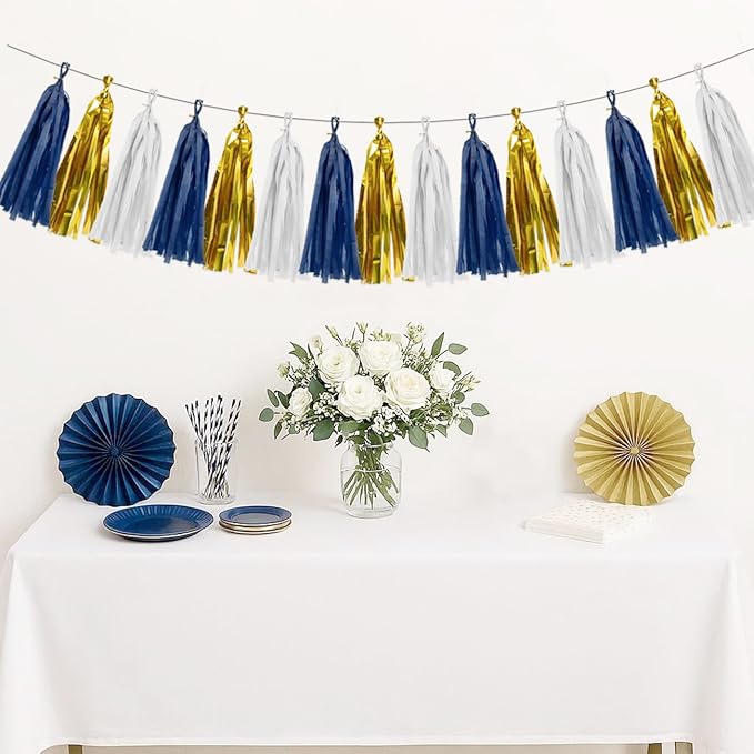 Navy-Blue White Gold Birthday-Party-Decorations - 15Pcs Tissue Paper Tassel Garland Graduation Decoration Baby Shower Bridal Wedding Engagement Bachelorette Hanging Decor HongTongTong