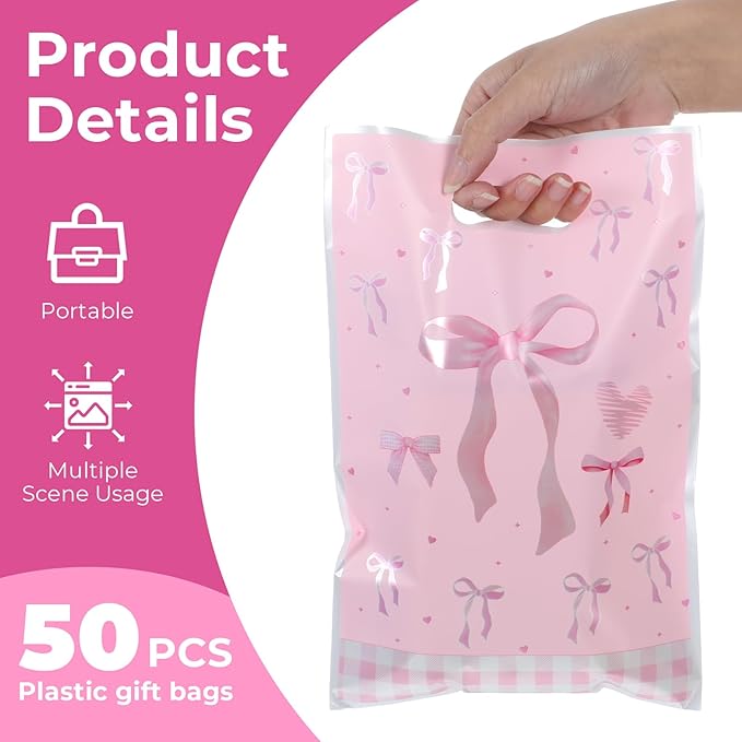 QfwdfcTrenz 50 Pcs Pink Bow Plastic Gift Bags, Goodie Dags with Handles Light Color Bow Themed Party Candy Favor Bag for Birthday Bridal Engagement Party