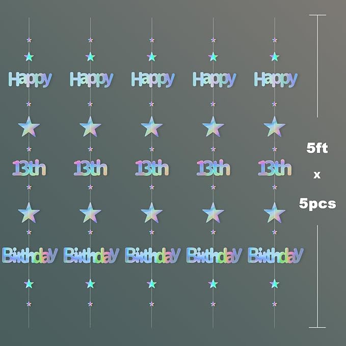 13th Birthday Decorations for Girls Iridescent Metallic Twinkle Star Garlands Sign Hanging Swirls Streamer 13 Year Old Official Teenager Happy Birthday Banner Thirteen Party Decor