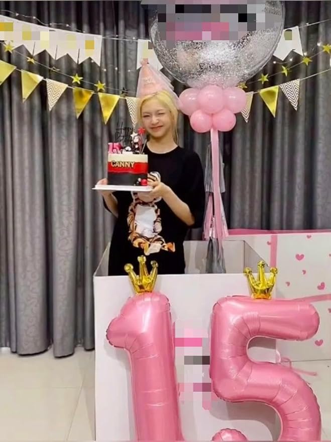 40 Inch Pink Crown Large Number 4 Balloons, Giant Foil Number Four 14 24 34 40 44 Balloons, Pink Crown Mylar Big Balloon for Anniversary Graduation Decorations
