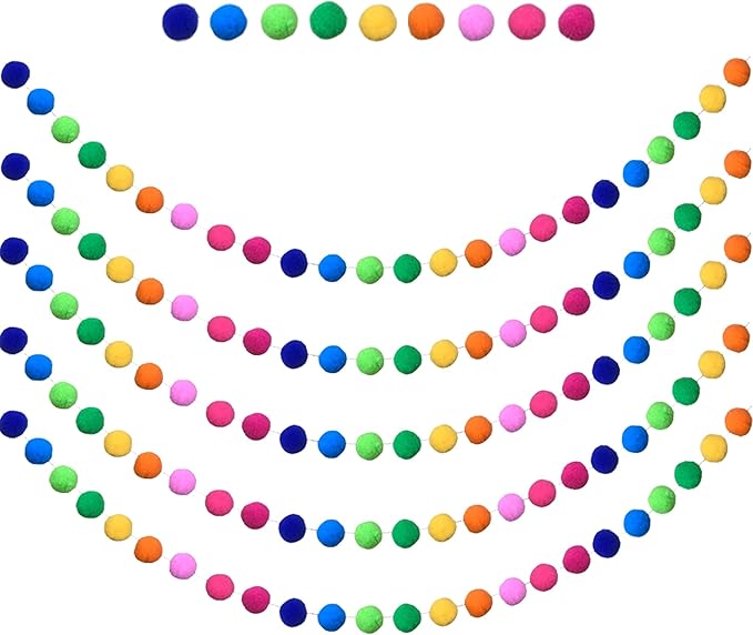 5 Pieces Colorful Pom Pom Ball Garland 6.5 Feet Long 24 Balls for Party Home Decoration