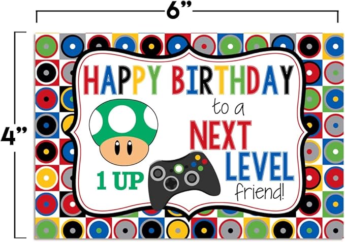 Next Level Friend Video Game Birthday Pun Themed Single (1) All Occasion Blank Birthday Card To Send To Friends & Family, 4"x 6" (when folded) Fill In Greeting Note Card by AmandaCreation