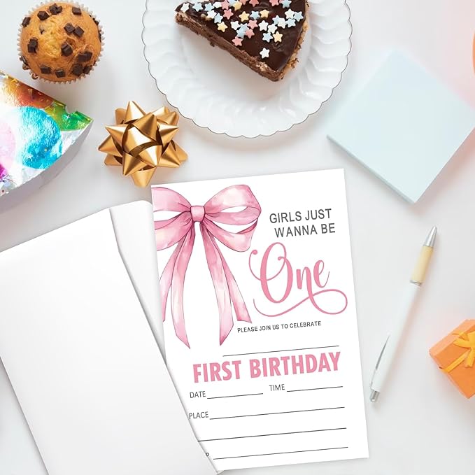 Pink Bow First Birthday Invites Cards Party Invitation Cards for Girls Kids Adults Party Invitations 4x6 Inch Invitations with Envelopes 20 Pcs Double Sided Invitation Card for Girls 1st Birthday YT83