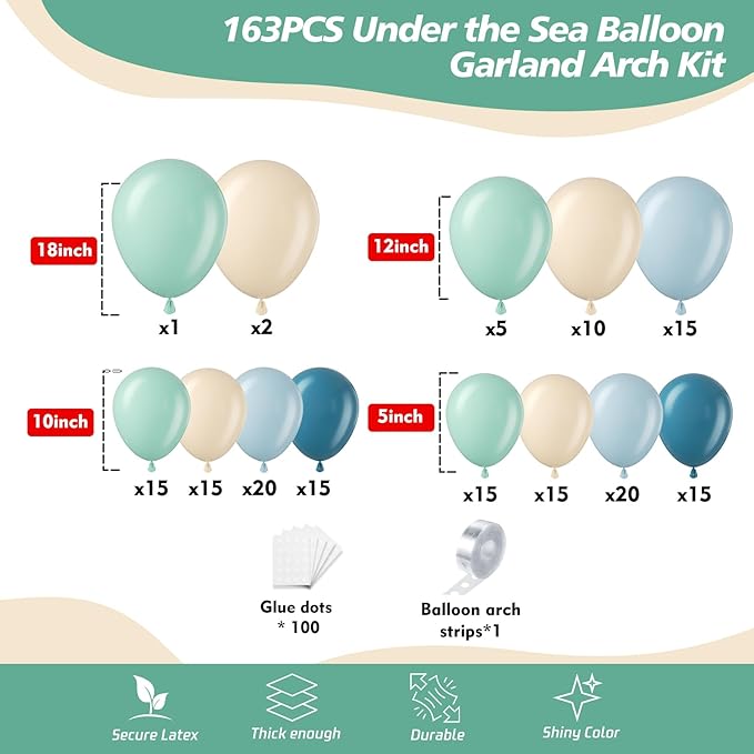 163Pcs Under The Sea Balloon Garland Arch Kit - Ocean Theme Party Decorations with Dusty Slate Blue Pastel Green Sand White Balloons for Baby Shower Birthday Under the Sea Party Decorations