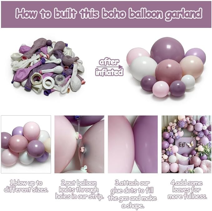 Purple Pink Balloon Arch Kit, Double Stuffed Pastel Pink Lavender White Beige Balloon Garland Dusty Light Lilac Cream Balloons for Birthday Baby Shower Wedding Butterfly Flower Party Decor