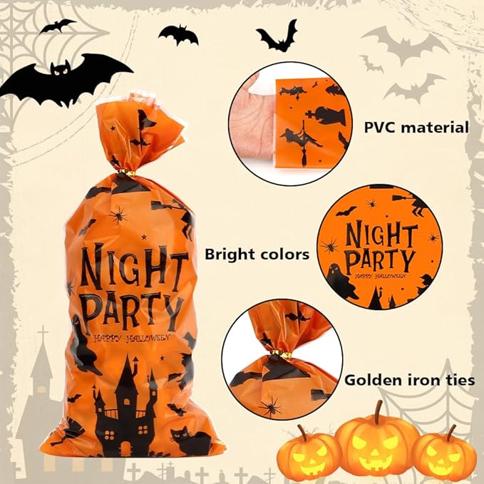 100 PCS Halloween Treat Bags(5x11 Inch) with Tie, Plastic Halloween Bags for Candy Goodie Goody Cookie Gift Wrap Night Party Favors Supplies Decorations Ghost Witch Castle Pumpkin Cellophane Pouch