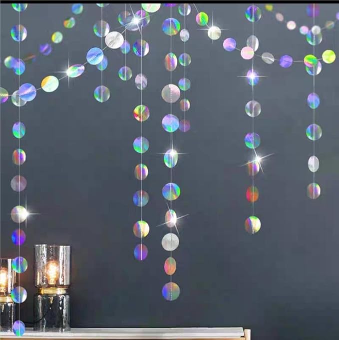 JEYE Iridescent Silver Glitter Circle Dots Paper Garland Polk Dot Streamer Party Decoration Banner Backdrop Hanging for Birthday Wedding Baby Shower Engagement Graduation Thanksgiving