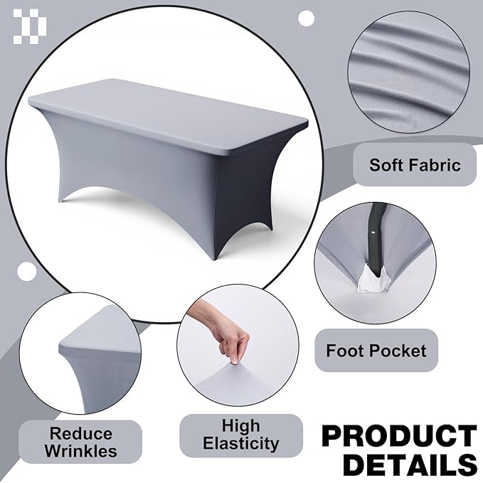 Trlyc 2 Pack 6FT Spandex Table Cloth - 72 x 30 Inch Rectangular Stretch Tablecloth, Wrinkle Resistant Scretch Table Cover for Wedding, Party, Banquet, Picnic, Outdoor Decoration (2Pcs,Grey)