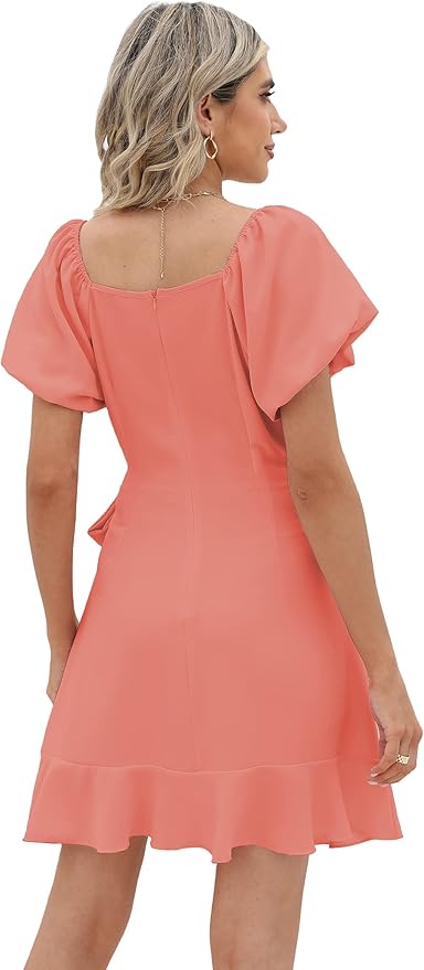 Sampeel Womens Summer Dresses Square Neck Puff Sleeve Tie Waist Short Dress