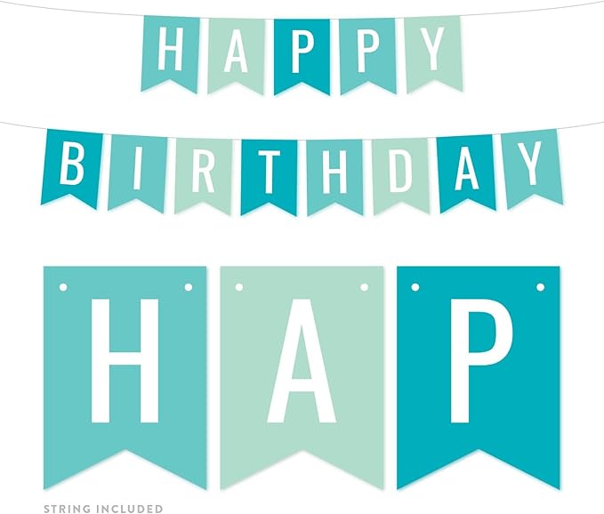 Andaz Press Hanging Pennant Banner Party Decorations, Diamond Blue, Seafoam Mint, Aqua Turquoise, Happy Birthday, 1-Pack, Approx. 5-Feet