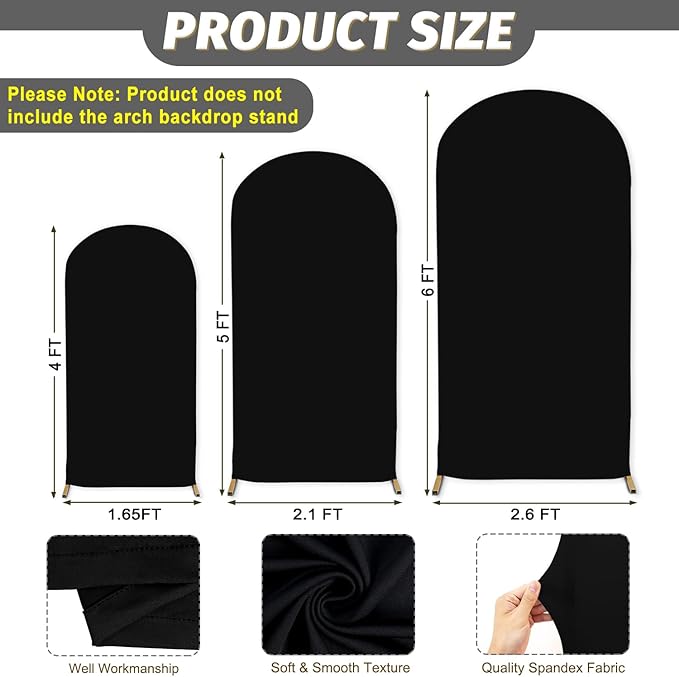 MODFUNS Wedding Arch Set - Black Spandex Arch Covers (4ft, 5ft, 6ft) Round Top Chiara Arch Stand Covers for Birthday & Wedding Ceremony Decor