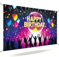 Happy Birthday Porch Banner 71x43 Inch, Large Disco Party Backdrop with Neon Lights Balloons and Dance Crowd, Birthday Decorations for Indoor Outdoor Yard Patio Wall Hanging